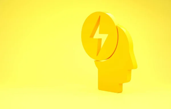 Icono de cabeza amarilla y símbolo eléctrico aislado sobre fondo amarillo. Concepto minimalista. 3D ilustración 3D render —  Fotos de Stock