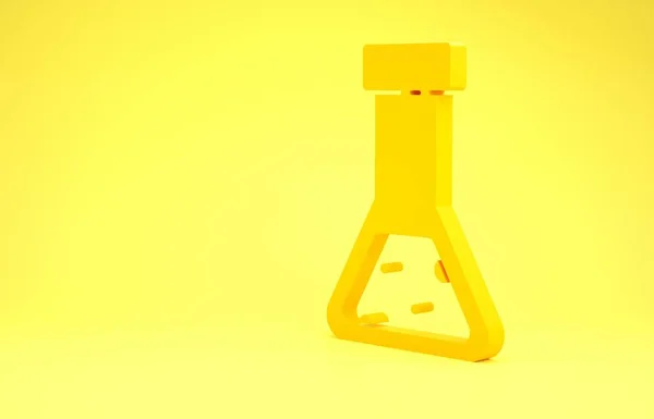 Tubo di prova giallo e icona di prova del laboratorio chimico del pallone isolata su fondo giallo. Segnale di vetreria da laboratorio. Concetto minimalista. Illustrazione 3d rendering 3D — Foto Stock