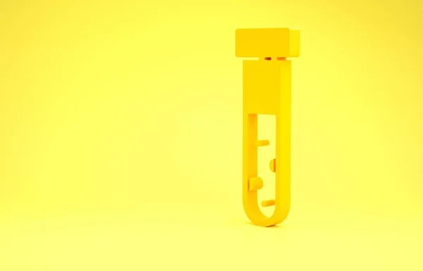 Tubo de ensayo amarillo e icono de prueba de laboratorio químico del frasco aislado sobre fondo amarillo. Signo de cristalería del laboratorio. Concepto minimalista. 3D ilustración 3D render — Foto de Stock