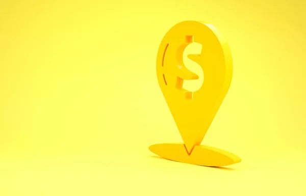 Icône de localisation Cash jaune isolé sur fond jaune. Pointeur et symbole dollar. Emplacement de l'argent. Concept d'entreprise et d'investissement. Concept de minimalisme. Illustration 3D rendu 3D — Photo