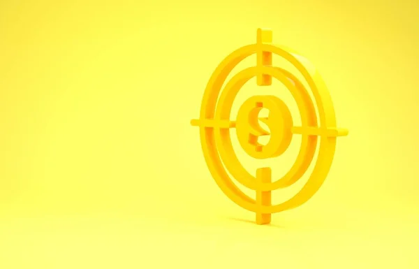 Alvo amarelo com ícone de símbolo de dólar isolado no fundo amarelo. Ícone alvo de investimento. Conceito de negócio bem sucedido. Dinheiro ou dinheiro. Conceito de minimalismo. 3D ilustração 3D render — Fotografia de Stock