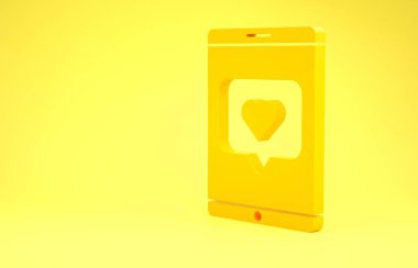 Sarı cep telefonu ve sarı arka planda izole edilmiş kalp ikonu gibi. Karşıt Bildirim Simgesi. Insta 'yı takip et. Minimalizm kavramı. 3d illüstrasyon 3d canlandırma