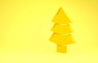 Sarı arkaplanda izole edilmiş sarı Noel ağacı simgesi. Mutlu Noeller ve mutlu yıllar. Minimalizm kavramı. 3d illüstrasyon 3d canlandırma