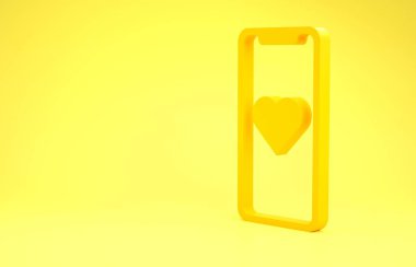 Sarı arka planda kalp ikonu olan sarı cep telefonu. Sevgililer Günü. Minimalizm kavramı. 3d illüstrasyon 3B canlandırma