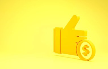Sarı El sarı arka planda izole edilmiş madeni para simgesini tutuyor. Dolar ya da USD sembolü. Nakit bankacılık tabelası. Minimalizm kavramı. 3d illüstrasyon 3B canlandırma