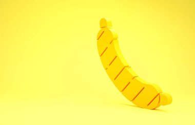 Sarı arka planda izole edilmiş sarı sosis ikonu. Izgara sosis ve aroma işareti. Minimalizm kavramı. 3d illüstrasyon 3d canlandırma