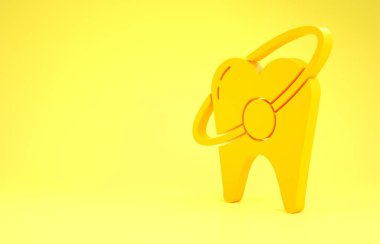 Sarı Diş beyazlatma konsepti ikonu sarı arkaplanda izole edildi. Diş hekimliği kliniği ya da diş hekimliği merkezi için diş sembolü. Minimalizm kavramı. 3d illüstrasyon 3d canlandırma