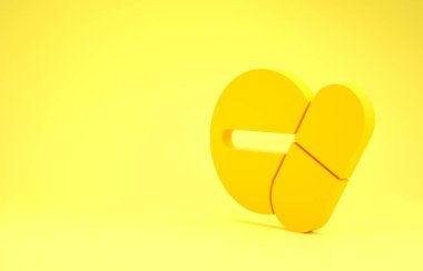 Sarı ilaç hapı ya da sarı arka planda izole edilmiş tablet ikonu. Kapsül hapı ve uyuşturucu işareti. Eczane tasarımı. Minimalizm kavramı. 3d illüstrasyon 3B canlandırma