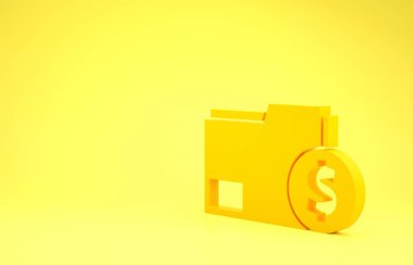 Sarı Finans belgesi dosya simgesi sarı arkaplanda izole edildi. Fatura ya da fatura konsepti için dolar sikkesi olan kağıt banka belgesi. Minimalizm kavramı. 3d illüstrasyon 3d canlandırma