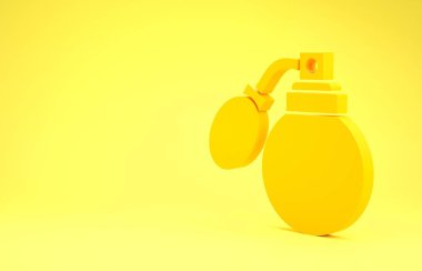 Sarı arkaplanda izole edilmiş atom ikonu olan sarı tıraş losyonu şişesi. Parfüm spreyi ikonu. Erkek parfüm şişesi. Minimalizm kavramı. 3d illüstrasyon 3d canlandırma