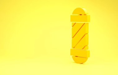 Sarı arka planda izole edilmiş sarı klasik berber dükkânı ikonu. Berber dükkanı direği sembolü. Minimalizm kavramı. 3d illüstrasyon 3d canlandırma