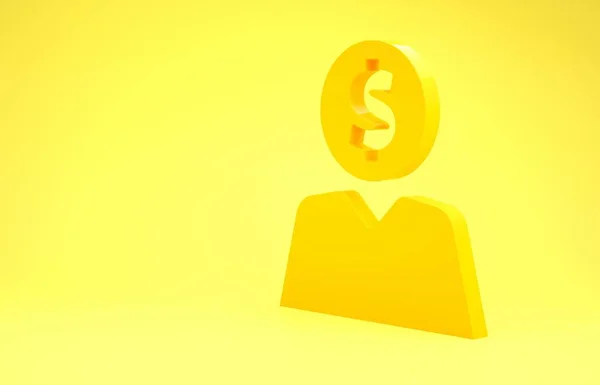 Icône d'esprit de planification d'homme d'affaires jaune isolé sur fond jaune. Une tête humaine avec un dollar. Idée de gagner de l'argent. Croissance des investissements des entreprises. Concept de minimalisme. Illustration 3D rendu 3D — Photo
