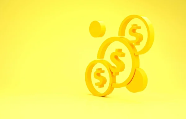 Monnaie jaune avec icône symbole dollar isolé sur fond jaune. Signe de devise bancaire. Symbole cash. Concept de minimalisme. Illustration 3D rendu 3D — Photo