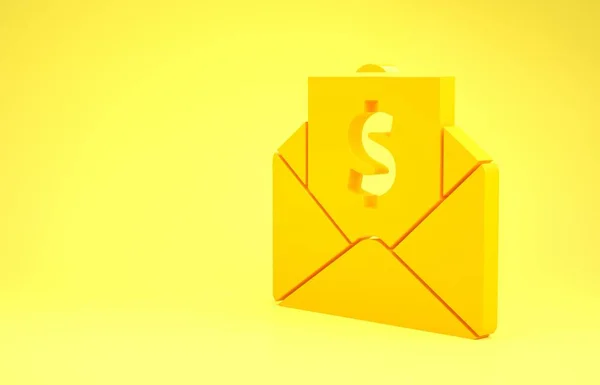 Żółta koperta z ikoną symbolu dolara na żółtym tle. Wzrost płac, płace, dochody z odszkodowań. Koncepcja minimalizmu. Ilustracja 3d — Zdjęcie stockowe