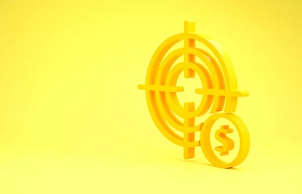 Target giallo con icona simbolo dollaro isolato su sfondo giallo. Icona dell'obiettivo di investimento. Concetto aziendale di successo. Contanti o soldi. Concetto minimalista. Illustrazione 3d rendering 3D — Foto Stock