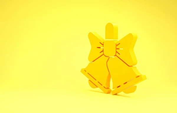 Gele vrolijk kerstbelletje pictogram geïsoleerd op gele achtergrond. Alarmsymbool, dienstbel, handbelteken, melding. Minimalisme concept. 3d illustratie 3D renderen — Stockfoto
