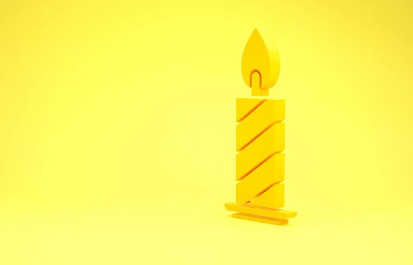 Żółta świeca płonąca w ikonie świecznika odizolowana na żółtym tle. Cylindryczna świeczka z płonącym płomieniem. Koncepcja minimalizmu. Ilustracja 3D 3D renderowania — Zdjęcie stockowe