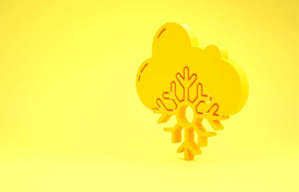 Yellow Cloud with snow icon isolated on yellow background. Cloud with snowflakes. Single weather icon. Snowing sign. Minimalism concept. 3d illustration 3D render — ストック写真