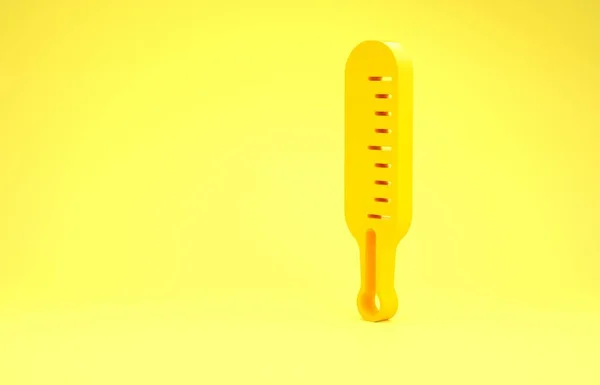 Żółty termometr meteorologiczny ikona pomiarowa izolowana na żółtym tle. Urządzenia termometryczne pokazujące gorącą lub zimną pogodę. Koncepcja minimalizmu. Ilustracja 3D 3D renderowania — Zdjęcie stockowe