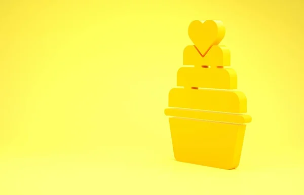 Bolo de casamento amarelo com ícone do coração isolado no fundo amarelo. Conceito de minimalismo. 3D ilustração 3D render — Fotografia de Stock