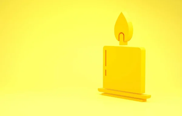 Yellow Burning candle in candlestick icon isolated on yellow background. Cylindrical candle stick with burning flame. Minimalism concept. 3d illustration 3D render