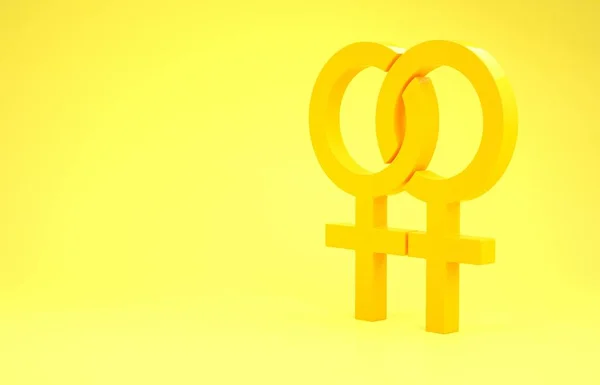 Sarı arka planda izole edilmiş sarı kadın cinsiyet simgesi. Venüs sembolü. Bir kadın ya da organizmanın sembolü. Minimalizm kavramı. 3d illüstrasyon 3d canlandırma — Stok fotoğraf