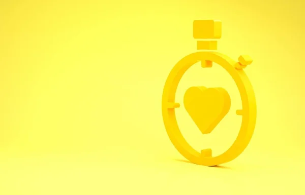 Coração amarelo no ícone do cronômetro central isolado no fundo amarelo. Dia dos Namorados. Conceito de minimalismo. 3D ilustração 3D render — Fotografia de Stock