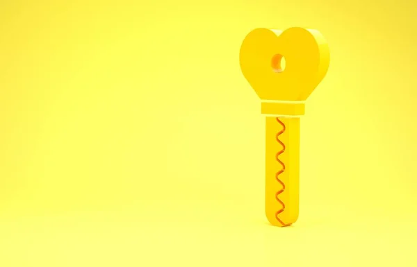 Gele Sleutel in hartvorm pictogram geïsoleerd op gele achtergrond. Valentijnsdag. Minimalisme concept. 3d illustratie 3D renderen — Stockfoto