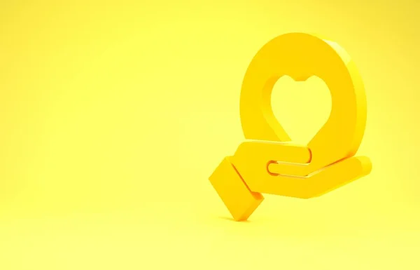 Coração amarelo na mão ícone isolado no fundo amarelo. Mão dando símbolo de amor. Conceito de minimalismo. 3D ilustração 3D render — Fotografia de Stock