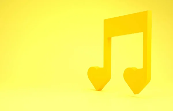 Żółta nuta muzyczna, ton z ikoną serca izolowane na żółtym tle. Walentynki. Koncepcja minimalizmu. Ilustracja 3d — Zdjęcie stockowe