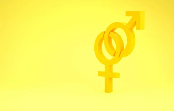 Желтый значок "Гендер" на желтом фоне. Символы мужчин и женщин. Секс-символ. Концепция минимализма. 3D-рендеринг — стоковое фото