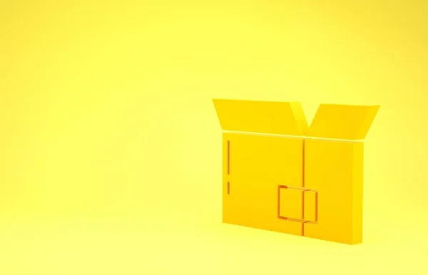 Sárga karton karton doboz ikon elszigetelt sárga alapon. Doboz, csomag, csomagjel. Szállítás és csomagolás. Minimalizmus koncepció. 3d illusztráció 3d render — Stock Fotó