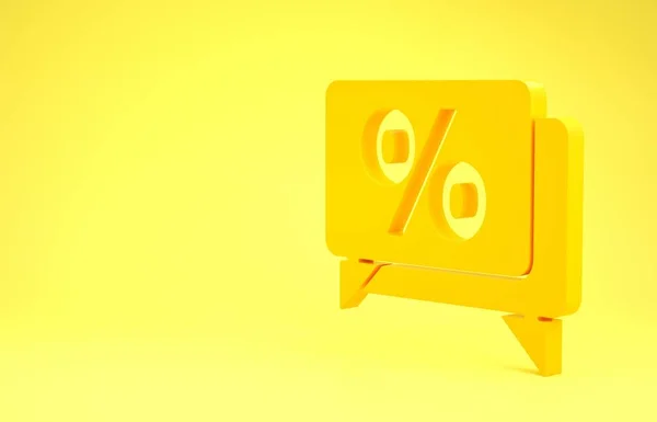 Ícone de tag de desconto amarelo por cento isolado no fundo amarelo. Assinatura da etiqueta de compras. Sinal de oferta especial. Cupons de desconto símbolo. Conceito de minimalismo. 3D ilustração 3D render — Fotografia de Stock