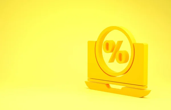 Amarelo por cento símbolo de desconto e ícone laptop isolado no fundo amarelo. Percentagem de venda - etiqueta de preço, tag. Conceito de minimalismo. 3D ilustração 3D render — Fotografia de Stock