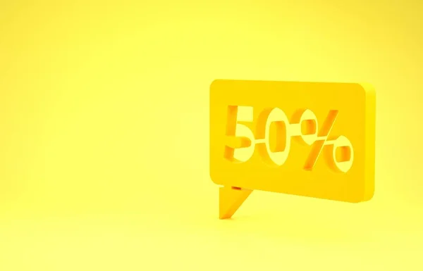 Amarelo Cinquenta ícone de tag percentual de desconto isolado no fundo amarelo. Assinatura da etiqueta de compras. Sinal de oferta especial. Cupons de desconto símbolo. Conceito de minimalismo. 3D ilustração 3D render — Fotografia de Stock