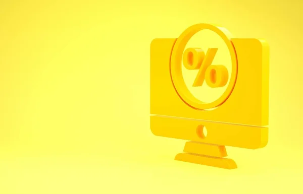 Amarelo por cento símbolo de desconto e ícone monitor isolado no fundo amarelo. Percentagem de venda - etiqueta de preço, tag. Conceito de minimalismo. 3D ilustração 3D render — Fotografia de Stock