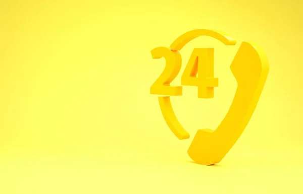 Жовтий телефон 24 години підтримує ікону, ізольовану на жовтому фоні. Весь день клієнт підтримує кол-центр. Повночасна служба дзвінків. Концепція мінімалізму. 3d Illustrated 3d render — стокове фото
