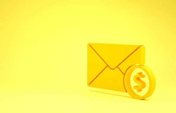 Sárga boríték érme dollár szimbólum ikon elszigetelt sárga alapon. Fizetésemelés, bérszámfejtés, kompenzációs jövedelem. Minimalizmus koncepció. 3d illusztráció 3d render — Stock Fotó