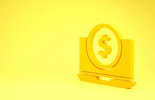 Ordinateur portable jaune avec icône symbole dollar isolé sur fond jaune. Concept d'achat en ligne. Gains sur Internet, marketing. Concept de minimalisme. Illustration 3D rendu 3D — Photo