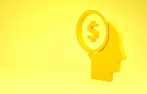 Yellow Business man planning mind icon isolated on yellow background. Human head with dollar. Idea to earn money. Business investment growth. Minimalism concept. 3d illustration 3D render