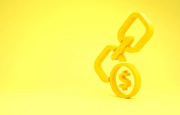 Ligação de corrente amarela e ícone de moeda isolado no fundo amarelo. Ligação única. Símbolo de cadeia de hiperligação. Conceito de minimalismo. 3D ilustração 3D render — Fotografia de Stock