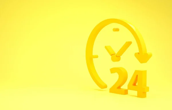 Yellow Clock 24 hours icon isolated on yellow background. All day cyclic icon. 24 hours service symbol. Minimalism concept. 3d illustration 3D render — Stock Photo, Image