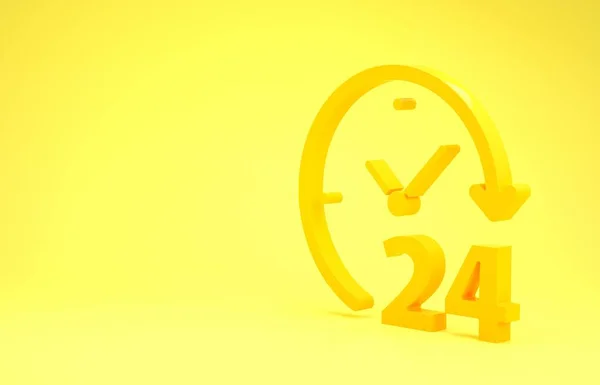 Reloj amarillo icono de 24 horas aislado sobre fondo amarillo. Todo el día icono cíclico. Símbolo de servicio 24 horas. Concepto minimalista. 3D ilustración 3D render — Foto de Stock