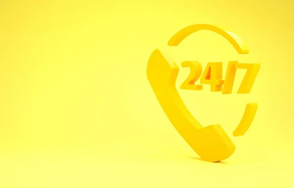 Желтый телефон 24 часа поддержка значок изолирован на желтом фоне. Круглосуточный call-центр поддержки клиентов. Звонки на полный рабочий день. Концепция минимализма. 3D-рендеринг — стоковое фото