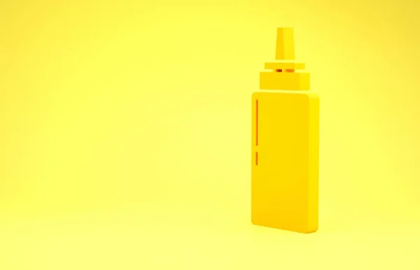 Sarı arkaplanda izole edilmiş sarı sos şişesi ikonu. Ketçap, hardal ve fast food için soslu mayonez şişeleri. Minimalizm kavramı. 3d illüstrasyon 3B canlandırma — Stok fotoğraf