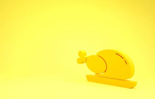 Żółty pieczony indyk lub ikona kurczaka izolowane na żółtym tle. Koncepcja minimalizmu. Ilustracja 3d — Zdjęcie stockowe