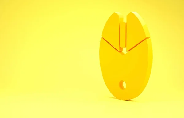Giallo Computer icona di gioco del mouse isolato su sfondo giallo. Ottica con simbolo della ruota. Concetto minimalista. Illustrazione 3d rendering 3D — Foto Stock
