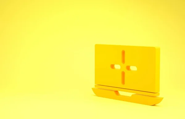 黄色笔记本电脑图标隔离在黄色背景上.带有空屏幕标志的笔记本电脑。最低纲领的概念。3D渲染3D插图 — 图库照片