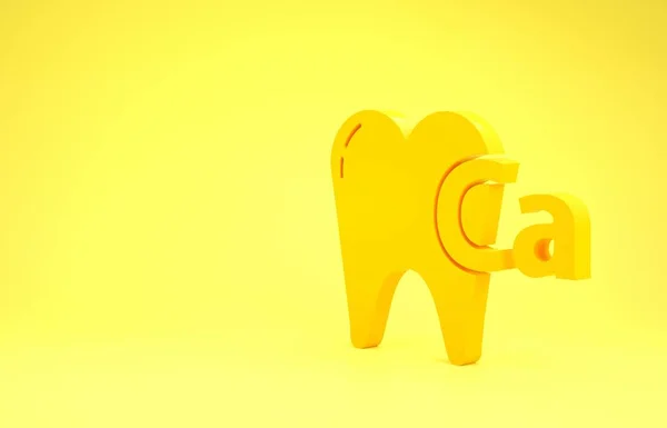 Gelbes Kalzium für das Zahnsymbol isoliert auf gelbem Hintergrund. Zahnsymbol für Zahnklinik oder Zahnarztpraxis. Minimalismus-Konzept. 3D Illustration 3D Renderer — Stockfoto