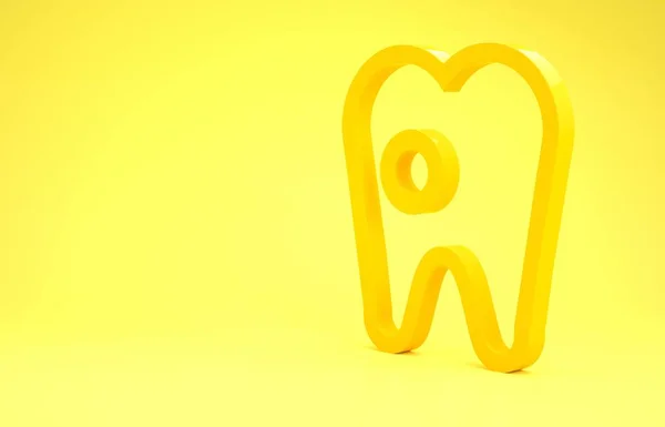 黄色の背景に隔離されたキャリーアイコンを持つ黄色の歯。虫歯だ最小限の概念。3Dイラスト3Dレンダリング — ストック写真